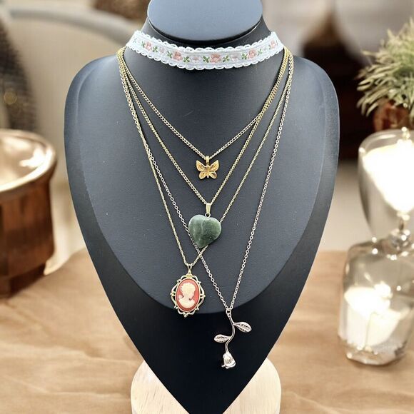 Vintage Romantic Jade Heart Cameo Rose Layered Necklace Jewelry Lot Coquette - Picture 1 of 5